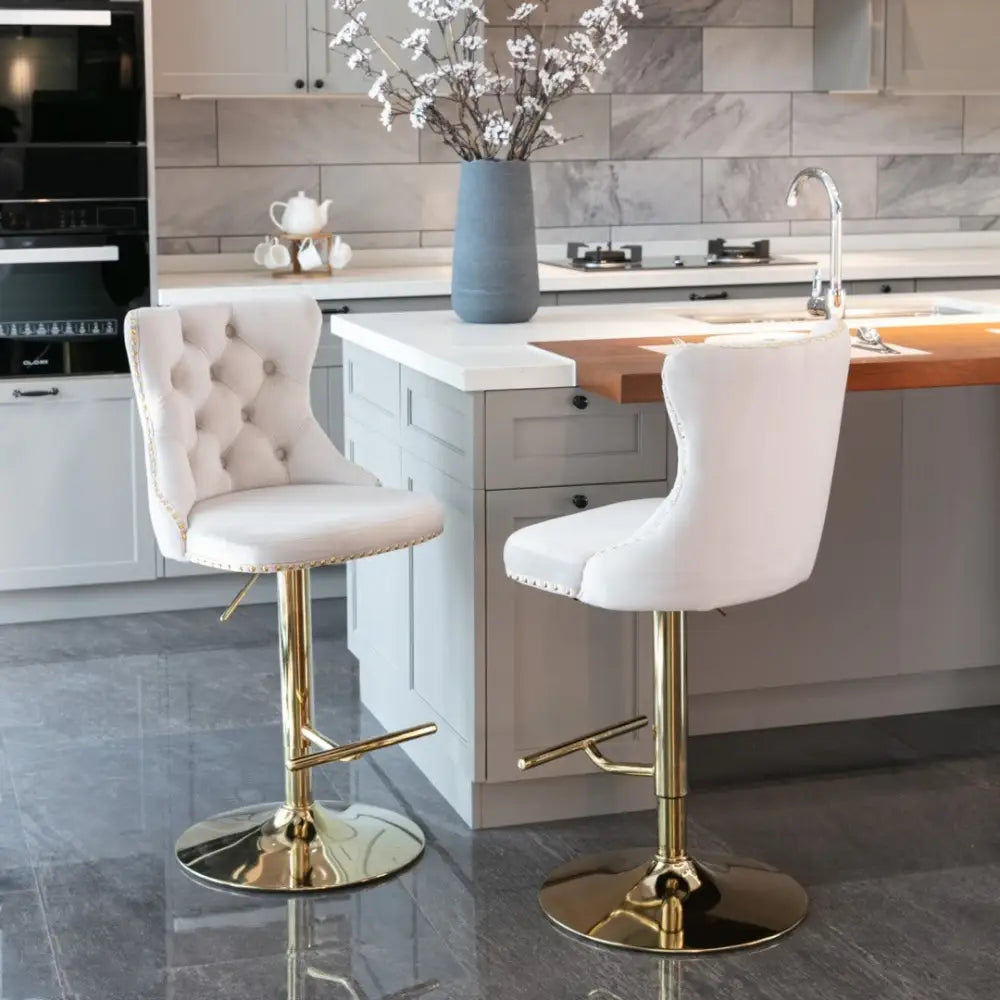 2x Height Adjustable Swivel Bar Stool Velvet Studs Barstool with Footrest and Golden Base- Beige - Furniture > Bar