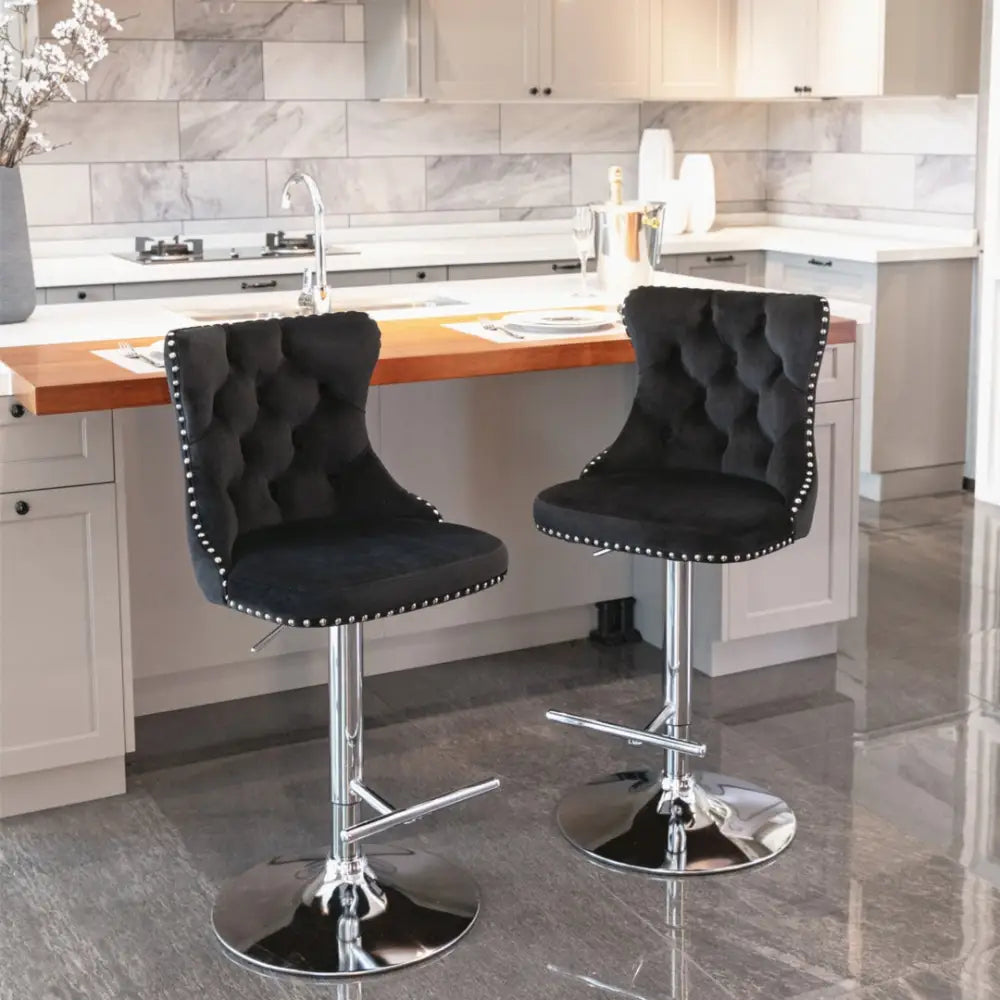 2x Height Adjustable Swivel Bar Stool Velvet Studs Barstool with Footrest and Chromed Base- Black - Furniture > Bar
