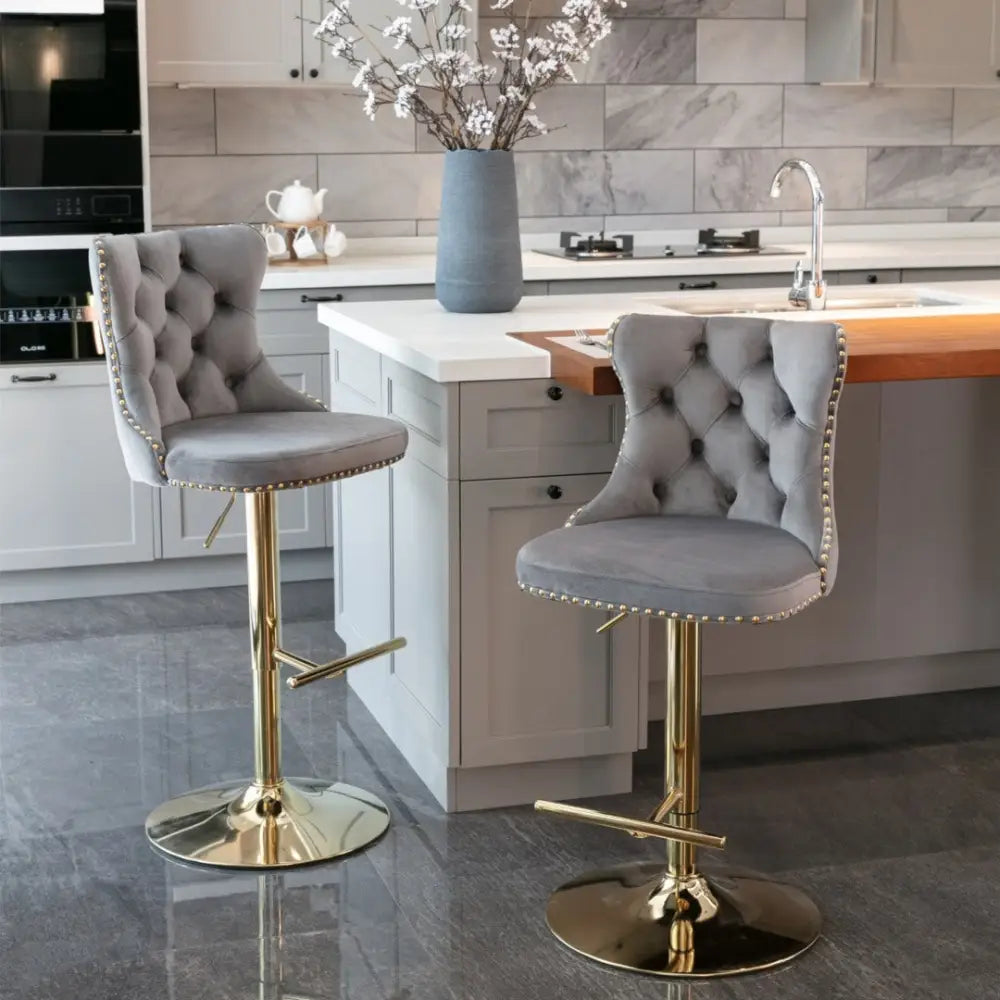 2x Height Adjustable Swivel Bar Stool Velvet Studs Barstool with Footrest and Golden Base- Grey - Furniture > Bar