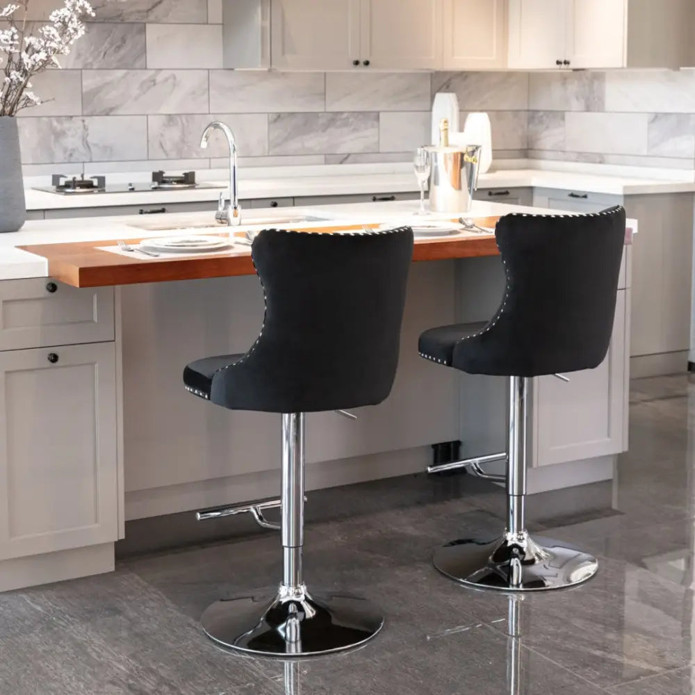 2x Height Adjustable Swivel Bar Stool Velvet Studs Barstool with Footrest and Chromed Base- Black - Furniture > Bar