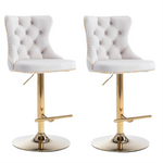 2x Height Adjustable Swivel Bar Stool Velvet Studs Barstool with Footrest and Golden Base- Beige - Furniture > Bar