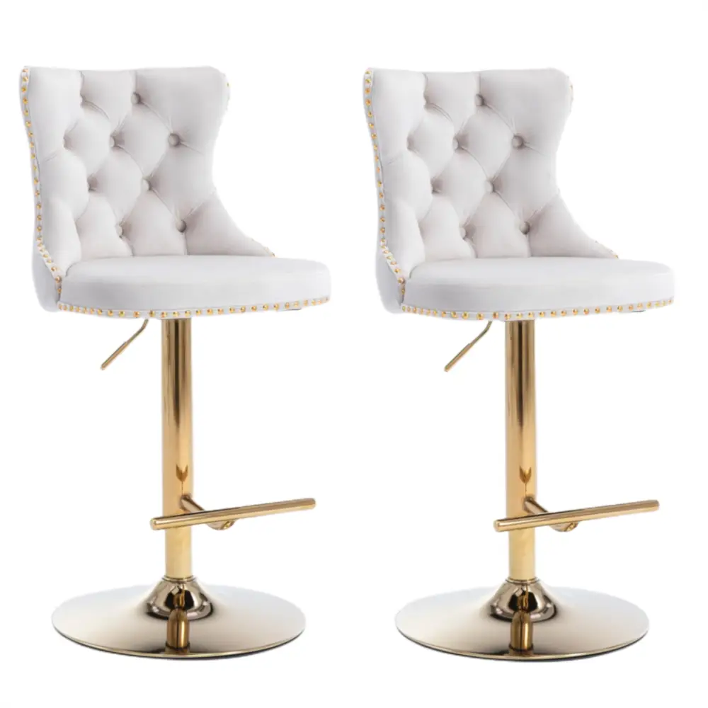 2x Height Adjustable Swivel Bar Stool Velvet Studs Barstool with Footrest and Golden Base- Beige - Furniture > Bar