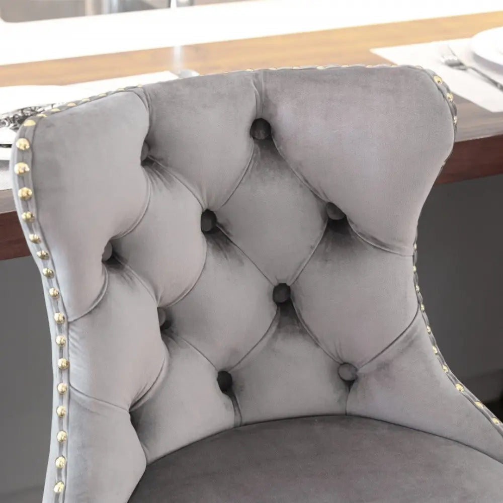 2x Height Adjustable Swivel Bar Stool Velvet Studs Barstool with Footrest and Golden Base- Grey - Furniture > Bar