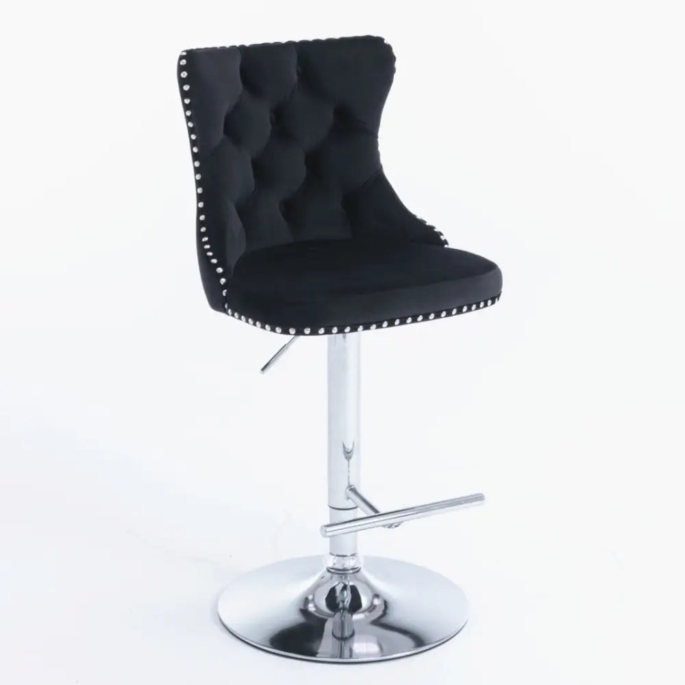 2x Height Adjustable Swivel Bar Stool Velvet Studs Barstool with Footrest and Chromed Base- Black - Furniture > Bar