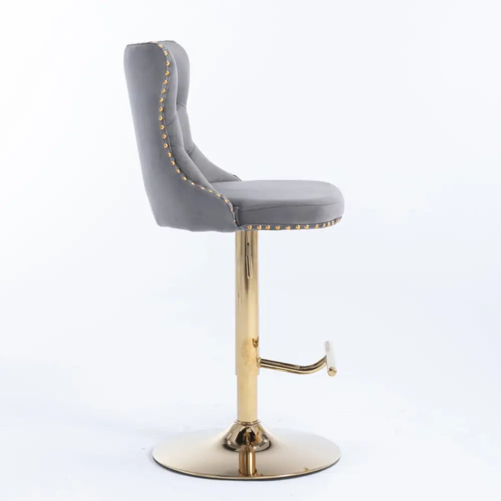 2x Height Adjustable Swivel Bar Stool Velvet Studs Barstool with Footrest and Golden Base- Grey - Furniture > Bar