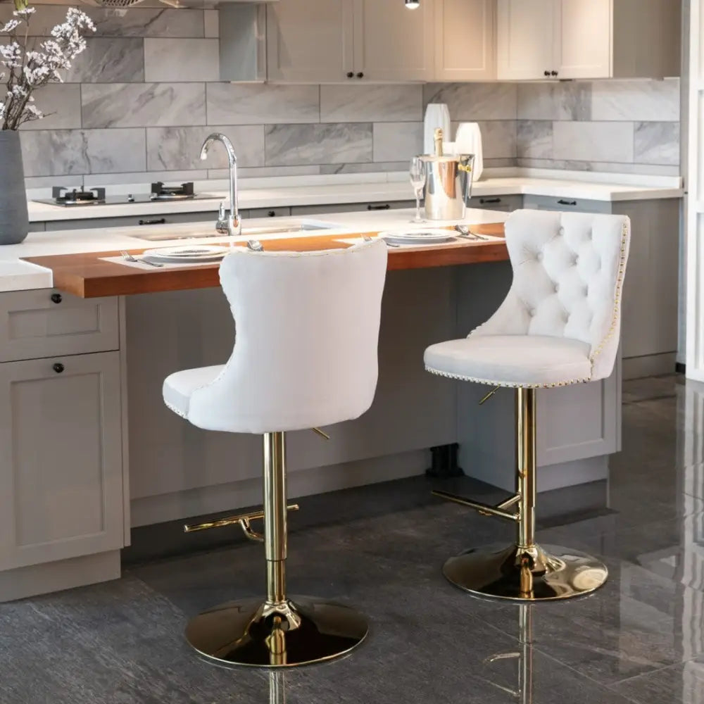 2x Height Adjustable Swivel Bar Stool Velvet Studs Barstool with Footrest and Golden Base- Beige - Furniture > Bar