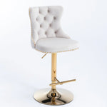 2x Height Adjustable Swivel Bar Stool Velvet Studs Barstool with Footrest and Golden Base- Beige - Furniture > Bar