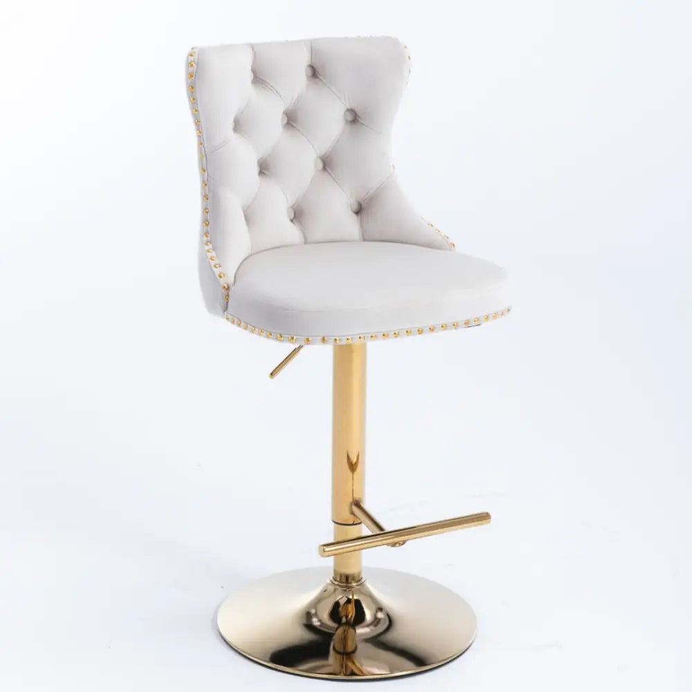 2x Height Adjustable Swivel Bar Stool Velvet Studs Barstool with Footrest and Golden Base- Beige - Furniture > Bar