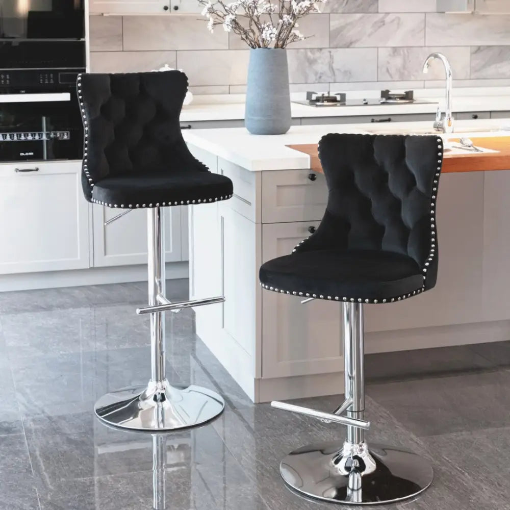 2x Height Adjustable Swivel Bar Stool Velvet Studs Barstool with Footrest and Chromed Base- Black - Furniture > Bar
