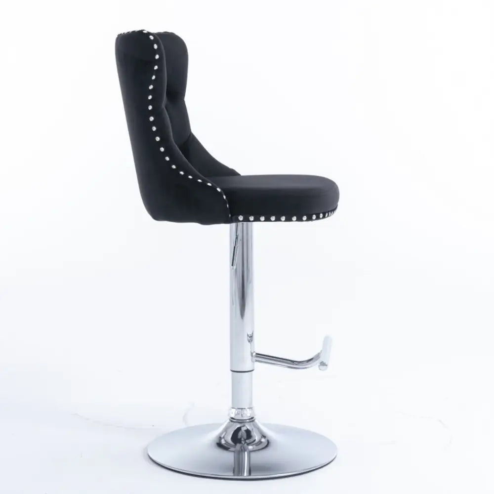 2x Height Adjustable Swivel Bar Stool Velvet Studs Barstool with Footrest and Chromed Base- Black - Furniture > Bar