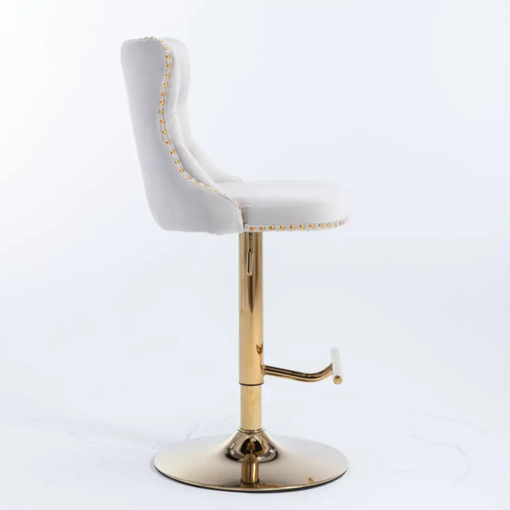 2x Height Adjustable Swivel Bar Stool Velvet Studs Barstool with Footrest and Golden Base- Beige - Furniture > Bar