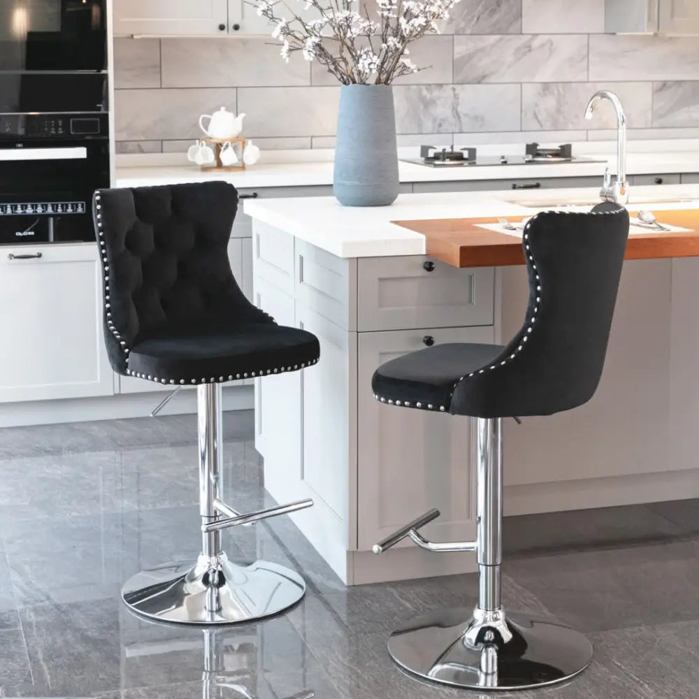 2x Height Adjustable Swivel Bar Stool Velvet Studs Barstool with Footrest and Chromed Base- Black - Furniture > Bar
