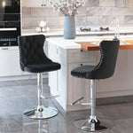 2x Height Adjustable Swivel Bar Stool Velvet Studs Barstool with Footrest and Chromed Base- Black - Furniture > Bar
