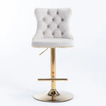 2x Height Adjustable Swivel Bar Stool Velvet Studs Barstool with Footrest and Golden Base- Beige - Furniture > Bar