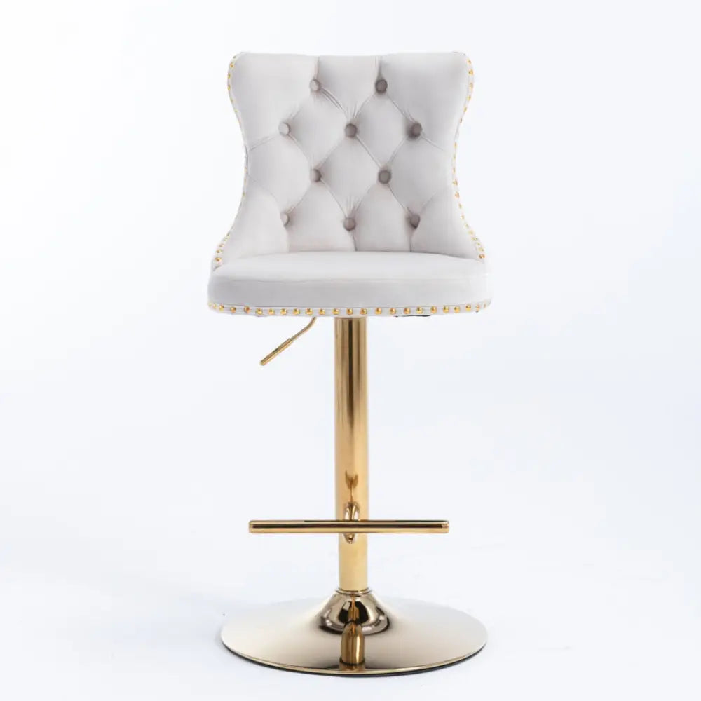 2x Height Adjustable Swivel Bar Stool Velvet Studs Barstool with Footrest and Golden Base- Beige - Furniture > Bar