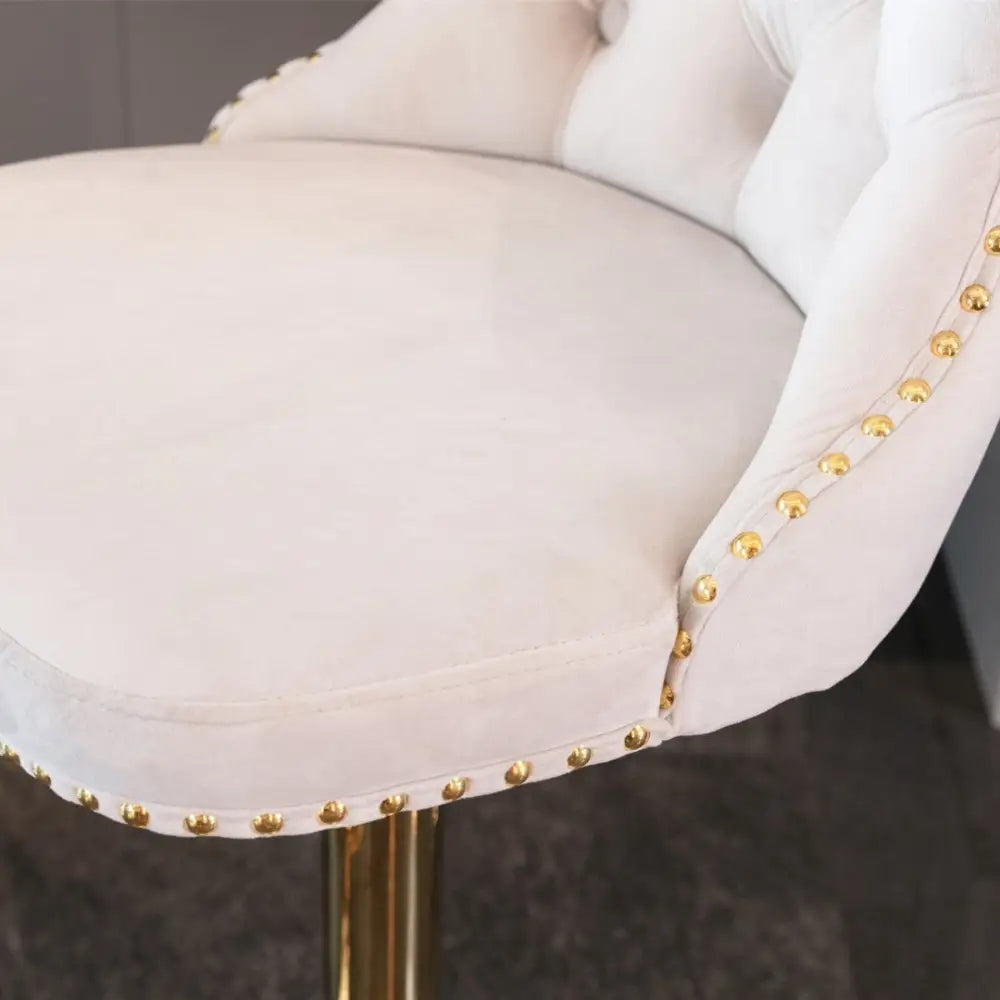 2x Height Adjustable Swivel Bar Stool Velvet Studs Barstool with Footrest and Golden Base- Beige - Furniture > Bar