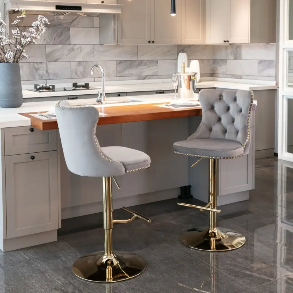 2x Height Adjustable Swivel Bar Stool Velvet Studs Barstool with Footrest and Golden Base- Grey - Furniture > Bar
