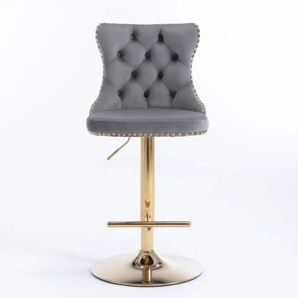 2x Height Adjustable Swivel Bar Stool Velvet Studs Barstool with Footrest and Golden Base- Grey - Furniture > Bar