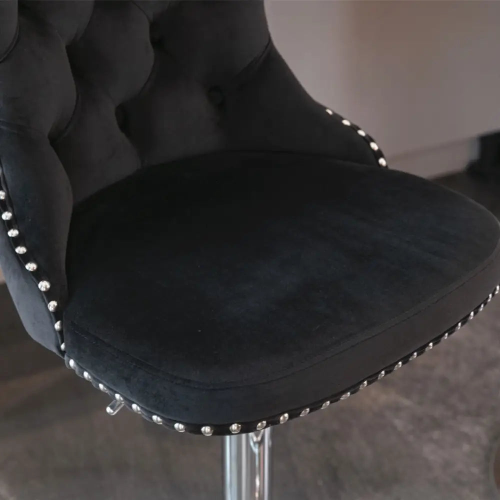2x Height Adjustable Swivel Bar Stool Velvet Studs Barstool with Footrest and Chromed Base- Black - Furniture > Bar