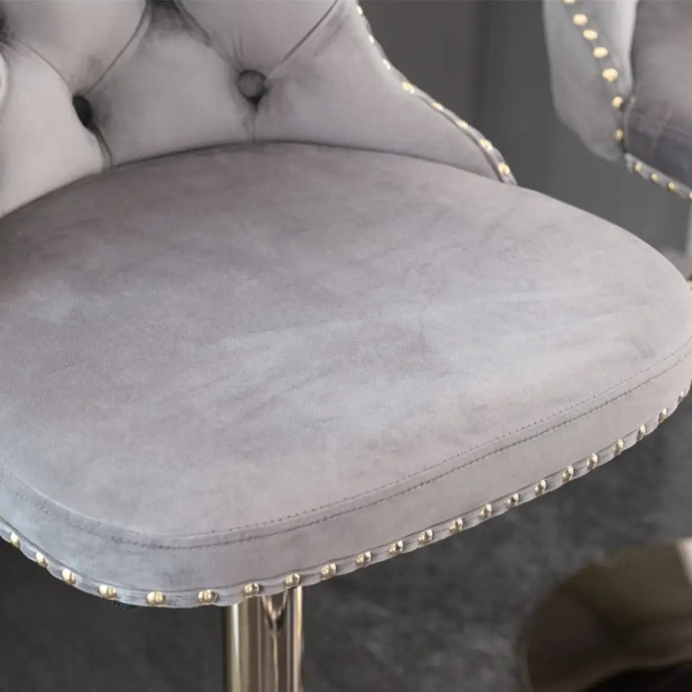 2x Height Adjustable Swivel Bar Stool Velvet Studs Barstool with Footrest and Golden Base- Grey - Furniture > Bar