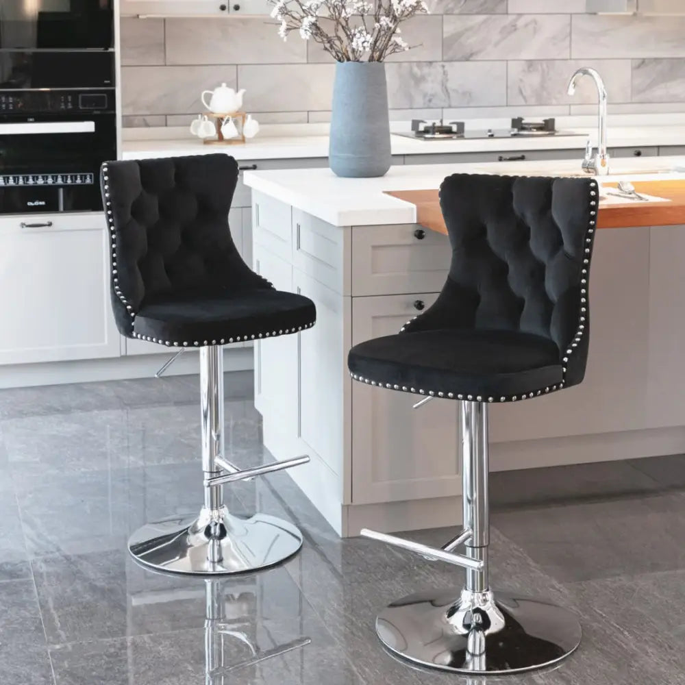 2x Height Adjustable Swivel Bar Stool Velvet Studs Barstool with Footrest and Chromed Base- Black - Furniture > Bar