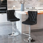2x Height Adjustable Swivel Bar Stool Velvet Studs Barstool with Footrest and Chromed Base- Black - Furniture > Bar