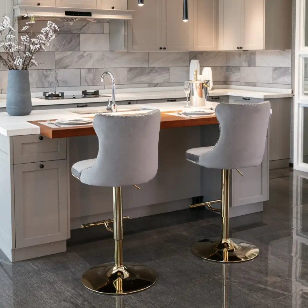 2x Height Adjustable Swivel Bar Stool Velvet Studs Barstool with Footrest and Golden Base- Grey - Furniture > Bar