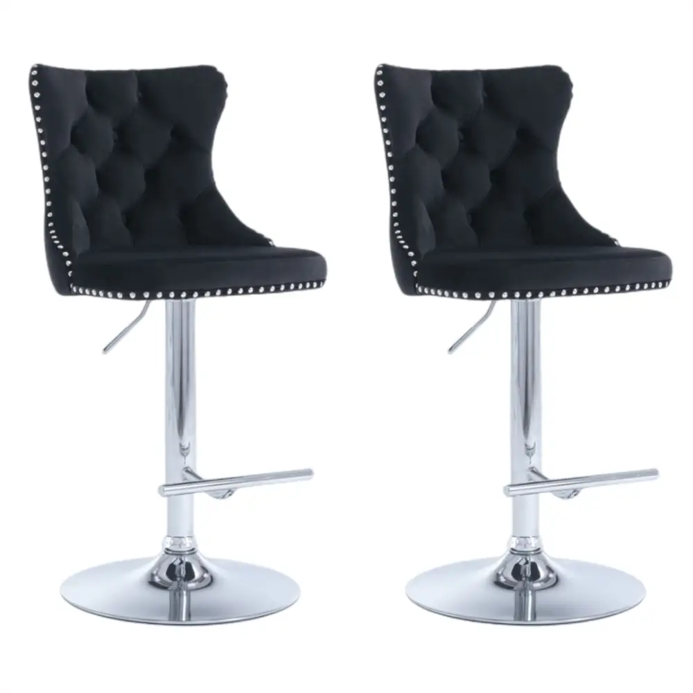 2x Height Adjustable Swivel Bar Stool Velvet Studs Barstool with Footrest and Chromed Base- Black - Furniture > Bar
