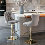 2x Height Adjustable Swivel Bar Stool Velvet Studs Barstool with Footrest and Golden Base- Grey - Furniture > Bar