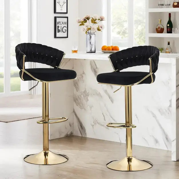 2x Height Black Velvet Padded Golden Round Base Barstools Chairs - Furniture > Bar Stools & Chairs > Table & Bar Stools