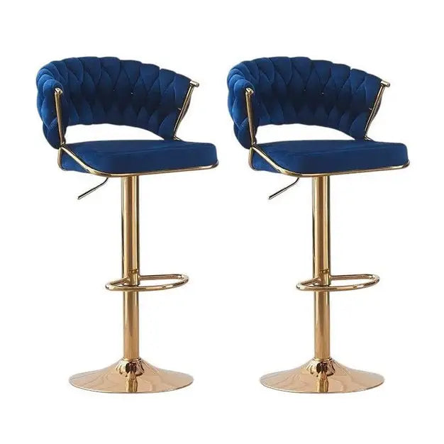 2x Height Blue Velvet Padded Golden Round Base Barstools Chairs - Furniture > Bar Stools & Chairs > Table & Bar Stools