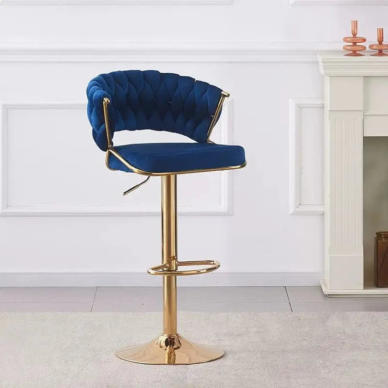 2x Height Blue Velvet Padded Golden Round Base Barstools Chairs - Furniture > Bar Stools & Chairs > Table & Bar Stools