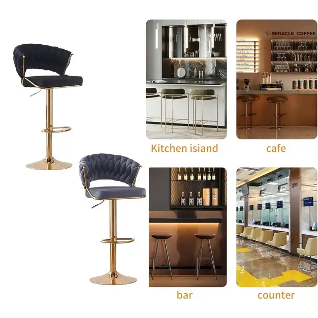 2x Height Grey Velvet Padded Golden Round Base Barstools Chairs - Furniture > Bar Stools & Chairs > Table & Bar Stools