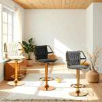 2x Height Velvet Padded Golden Round Base Barstools Chairs with Backrest and Footrest -BLACK - Furniture > Bar Stools &