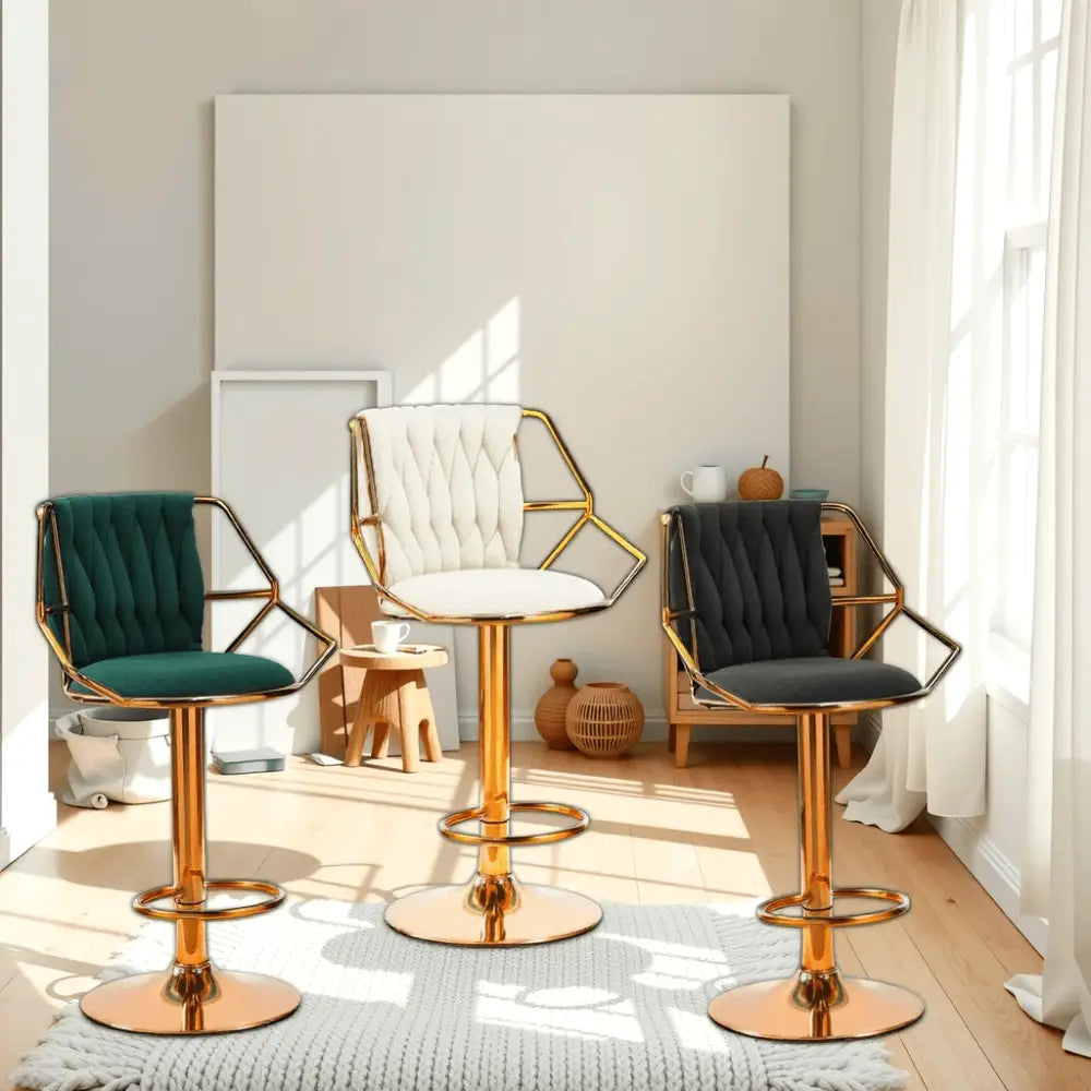 2x Height Velvet Padded Golden Round Base Barstools Chairs with Backrest and Footrest -GREEN - Furniture > Bar Stools &