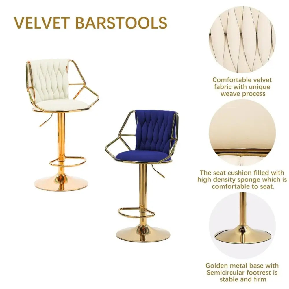 2x Height Velvet Padded Golden Round Base Barstools Chairs with Backrest and Footrest -BLACK - Furniture > Bar Stools &