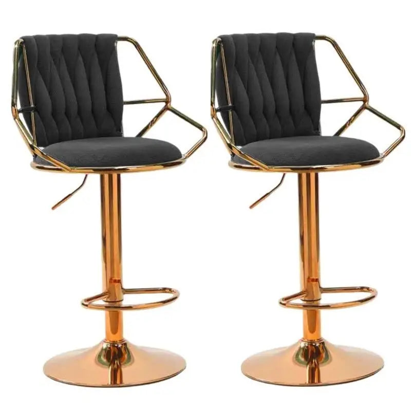 2x Height Velvet Padded Golden Round Base Barstools Chairs with Backrest and Footrest -BLACK - Furniture > Bar Stools &