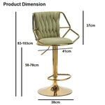 2x Height Velvet Padded Golden Round Base Barstools Chairs with Backrest and Footrest -GREEN - Furniture > Bar Stools &