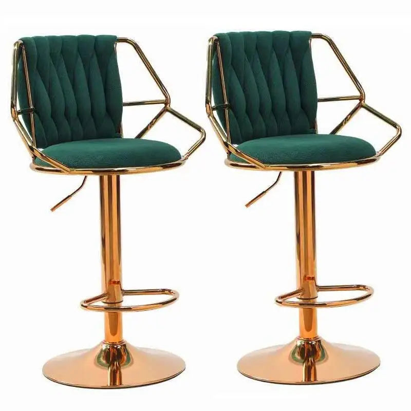 2x Height Velvet Padded Golden Round Base Barstools Chairs with Backrest and Footrest -GREEN - Furniture > Bar Stools &
