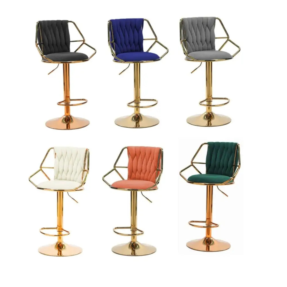 2x Height Velvet Padded Golden Round Base Barstools Chairs with Backrest and Footrest -BLACK - Furniture > Bar Stools &