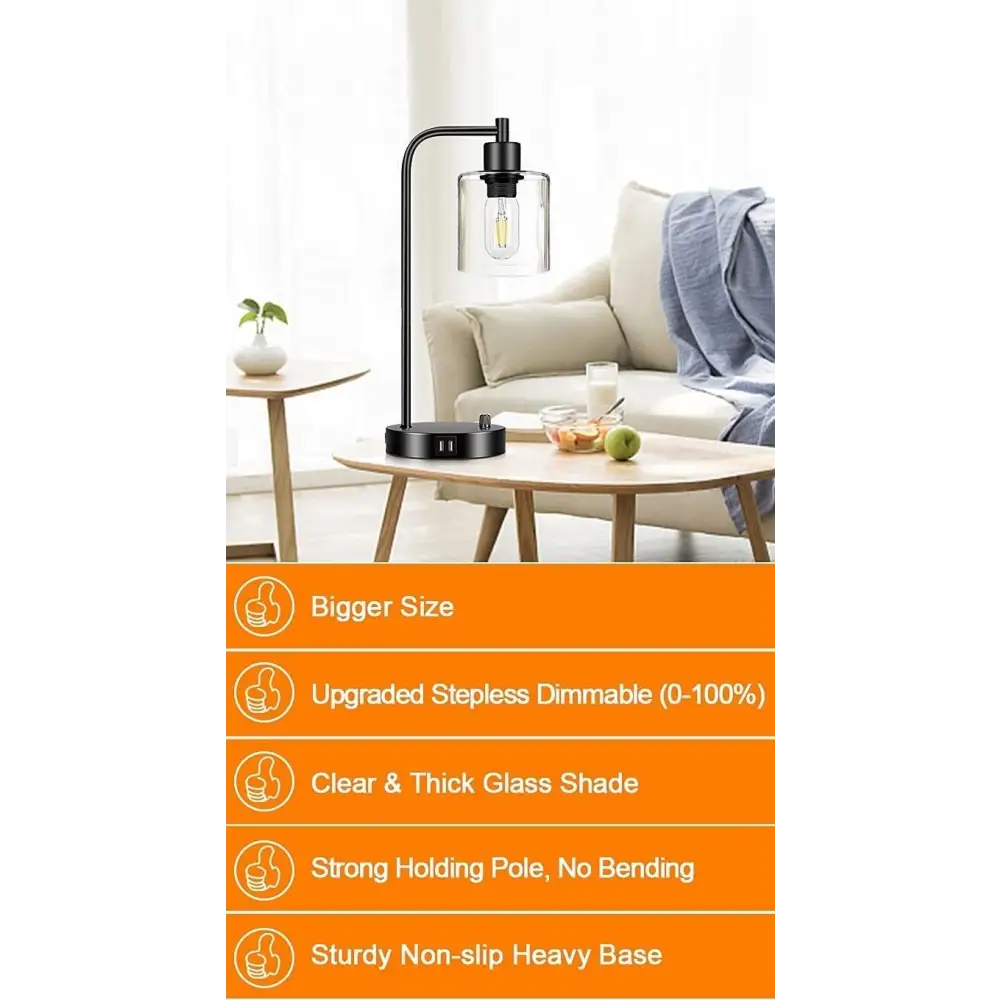2x Pack Industrial Table Lamp with 2 USB Port for Bedside Nightstand Desk and Living Room Office (Bulb not Included)