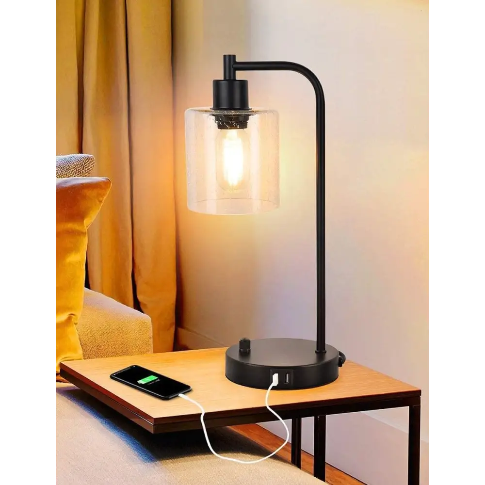 2x Pack Industrial Table Lamp with 2 USB Port for Bedside Nightstand Desk and Living Room Office (Bulb not Included)