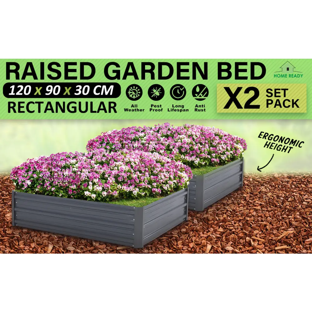 2X Raised Garden Bed Galvanised Steel Planter 120 x 90 x 30cm GREY - Home & Garden > Garden Beds