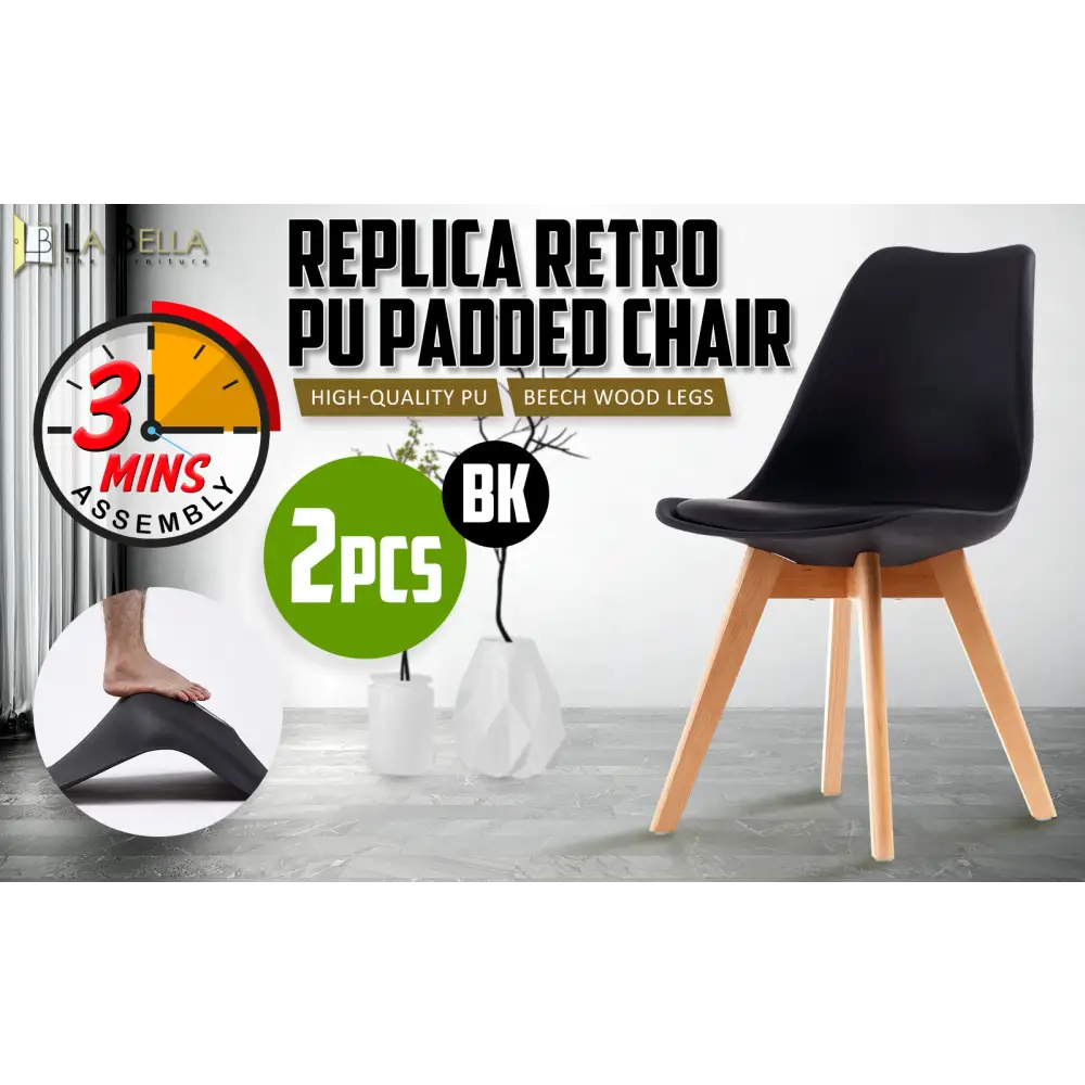 2X Retro Dining Cafe Chair Padded Seat BLACK - Furniture > Bar Stools & Chairs