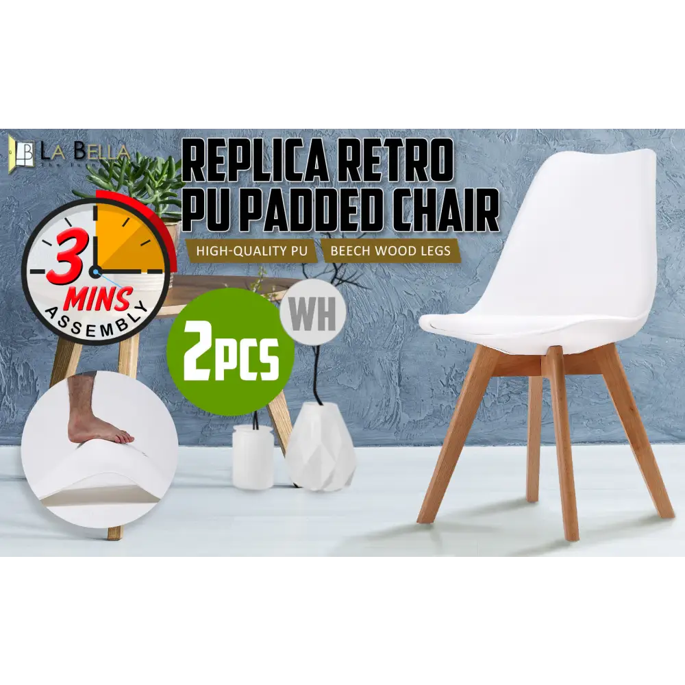 2X Retro Dining Cafe Chair Padded Seat WHITE - Furniture > Bar Stools & Chairs