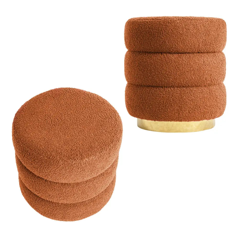 2X Round Stacked Ottoman Stool Teddy Fleece Fabric Foot Rest 38cm ORANGE - Furniture > Living Room > Ottomans &