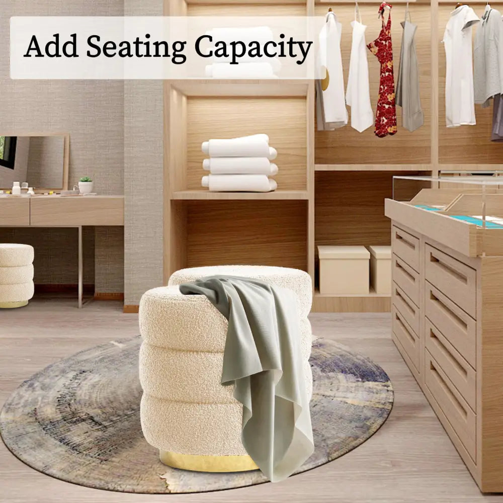 2X Round Stacked Ottoman Stool Teddy Fleece Fabric Foot Rest 38cm BEIGE - Furniture > Living Room > Ottomans &
