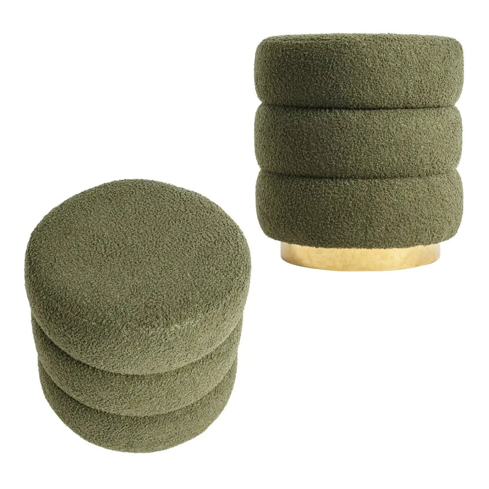 2X Round Stacked Ottoman Stool Teddy Fleece Fabric Foot Rest 38cm GREEN - Furniture > Living Room > Ottomans &