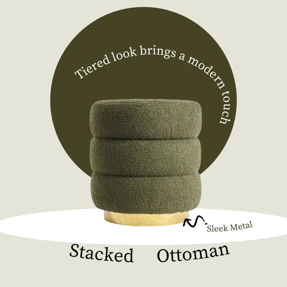 2X Round Stacked Ottoman Stool Teddy Fleece Fabric Foot Rest 38cm GREEN - Furniture > Living Room > Ottomans &