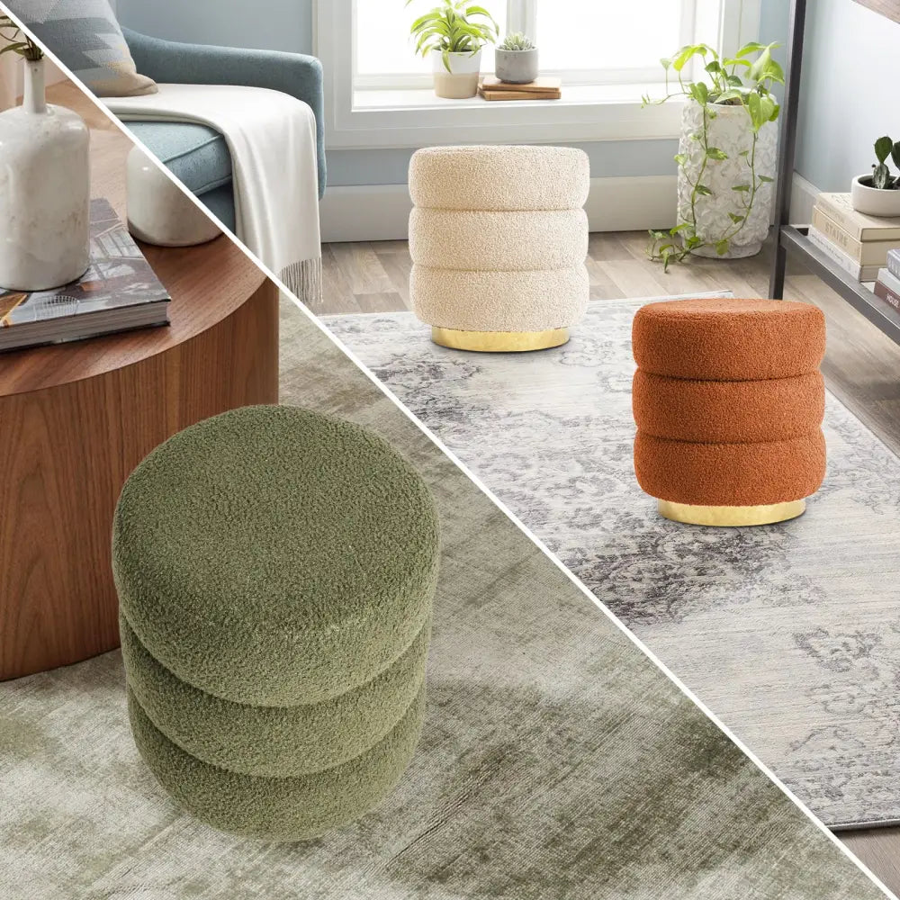 2X Round Stacked Ottoman Stool Teddy Fleece Fabric Foot Rest 38cm ORANGE - Furniture > Living Room > Ottomans &